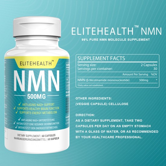 ELITEHEALTH NMN Capsules with Maximum Strength 500mg 60 Capsules