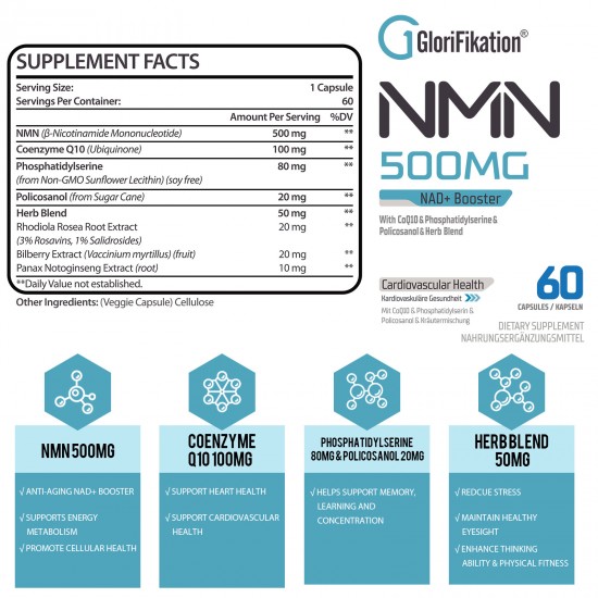 Glorifikation NMN Cápsulas con la máxima potencia 500mg por ración, 60 Cápsulas