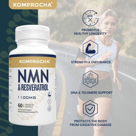 KOMPROCHA Maximum Strength NMN Capsules with Trans-Resveratrol, 1100mg Per Serving, 60 Capsules