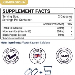 KUMPROICHA Maximum Strength NMN Cápsulas con Trans-Resveratrol, 1100mg por porción, 60 Cápsulas KUMPROICHA Maximum Strength NMN Cápsulas con Trans-Resveratrol, 1100mg por porción, 60 Cápsulas