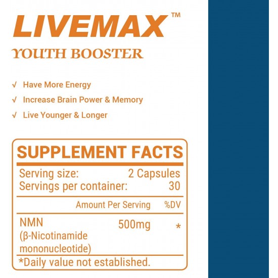 Gélules LIVEMAX NMN avec une concentration maximale 500 mg 60 Gélules