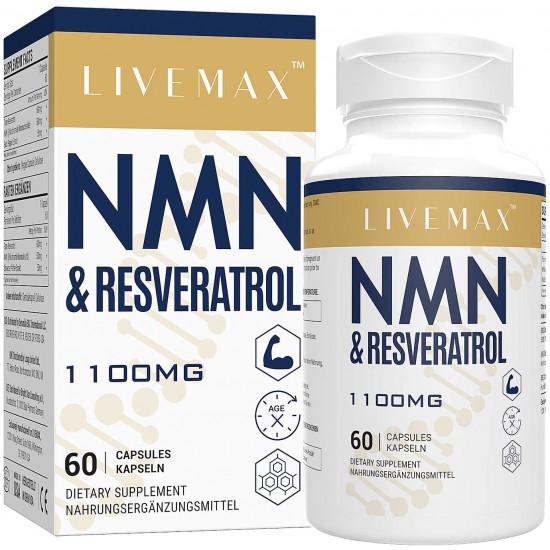 LIVEMAX NMN+Trans-Resveratrolo 60 Capsule, 1100mg per Dose con Estratto di Pepe Nero