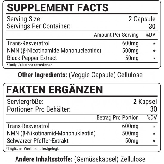 LIVEMAX NMN+Trans-Resveratrol 60 Capsules, 1100mg par Portion avec Extrait de Poivre Noir