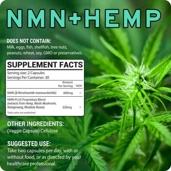 NMN PlUS Maximum Strength NMN Capsules with Hemp, 600mg Per Serving, 60 Capsules NMN PlUS Maximum Strength NMN Capsules with Hemp, 600mg Per Serving, 60 Capsules