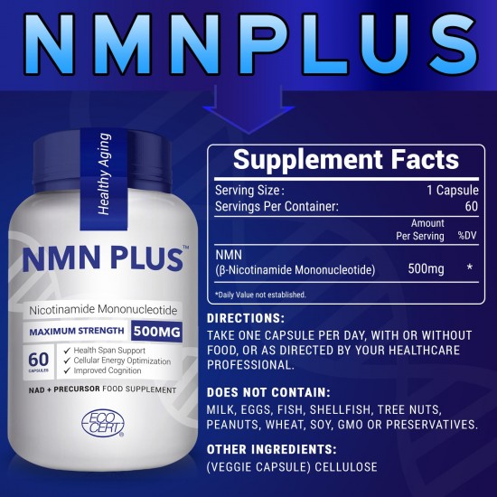 NMN PlUS Capsules NMN de force maximale, 600 mg par portion, 60 capsules