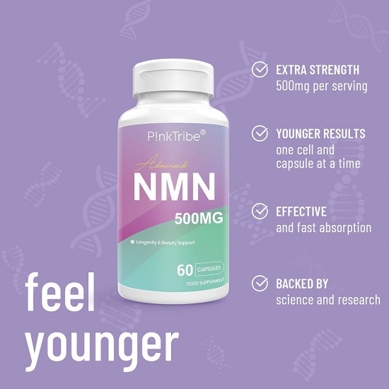 P!nkTribe NMN Kapseln mit maximaler Stärke, NMN 500mg mit Kollagenpeptiden, Hyaluronsäure, Ubiquinol & Astaxanthin 60 Kapseln