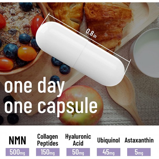 P!nkTribe NMN Capsules avec Une Force Maximale,  NMN 500mg avec Peptides de Collagène,  Acide Hyaluronique, Ubiquinol et Astaxanthine 60 Capsules