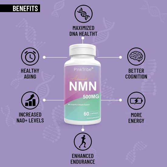 P!nkTribe NMN Kapseln mit maximaler Stärke, NMN 500mg mit Kollagenpeptiden, Hyaluronsäure, Ubiquinol & Astaxanthin 60 Kapseln