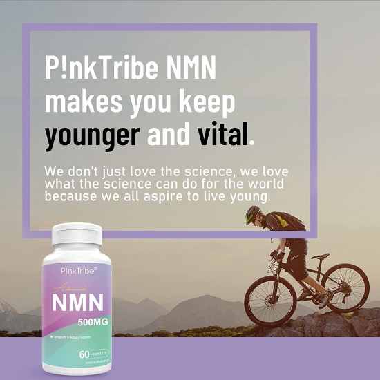 P!nkTribe NMN Capsule con Forza Massima,  NMN 500mg con Peptidi di Collagene,  Acido Ialuronico, Ubiquinolo e Astaxantina 60 Capsule