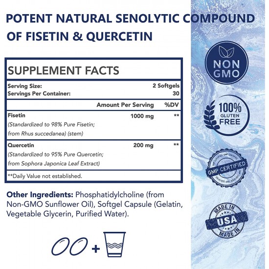 Vitablossom Liposomal Fisetin mit Quercetin 1200mg/ 60 Softgels, Hohe Absorption Antioxidans Flavonoid-Vitamin-Ergänzung