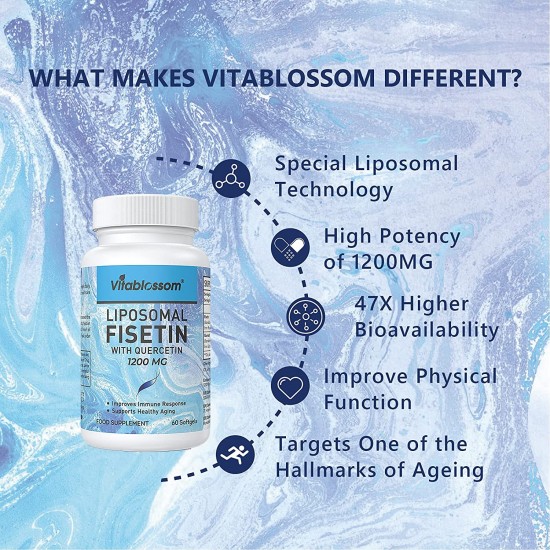 Vitablossom Liposomal Fisetin with Quercetin 1200mg/ 60 Softgels, High Absorption Antioxidant Flavonoid Vitamin Supplement Vitablossom Liposomal Fisetin with Quercetin 1200mg/ 60 Softgels, High Absorption Antioxidant Flavonoid Vitamin Supplement