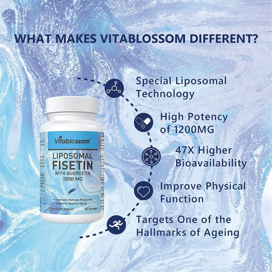 Vitablossom Liposomal Fisetin with Quercetin 1200mg/ 60 Softgels, High Absorption Antioxidant Flavonoid Vitamin Supplement