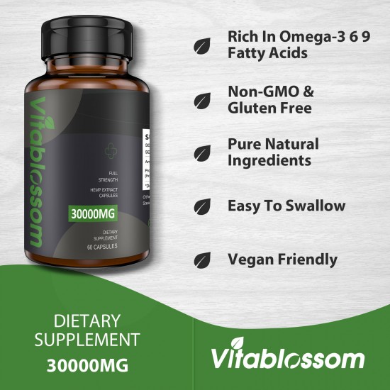 Vitablossom Hemp Capsule, 30000mg 60 Capsules Classic Formula, Made in UK