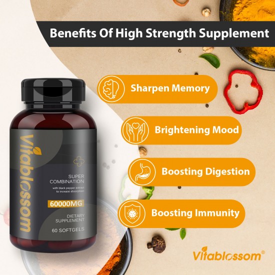 Vitablossom 83% Olio di Canapa 60000mg Turmeric 60 Hemp oil Softgels, Nuovo arrivo promozione Vitablossom 83% Olio di Canapa 60000mg Turmeric 60 Hemp oil Softgels, Nuovo arrivo promozione