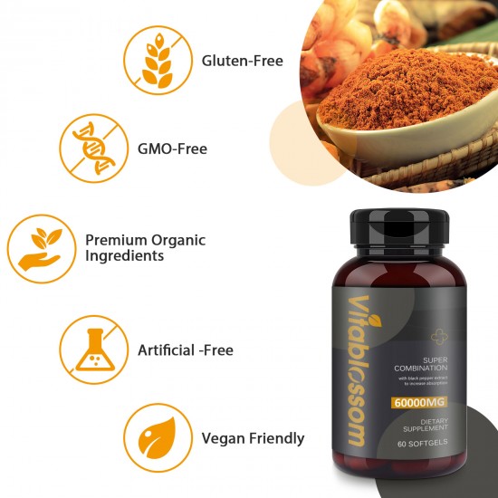 Vitablossom 83% Olio di Canapa 60000mg Turmeric 60 Hemp oil Softgels, Nuovo arrivo promozione Vitablossom 83% Olio di Canapa 60000mg Turmeric 60 Hemp oil Softgels, Nuovo arrivo promozione