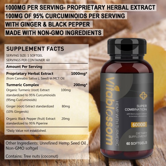 Vitablossom 83% Hemp Oil 60000mg Turmeric 60 Hemp oil Softgels, New Arrival promotion Vitablossom 83% Hemp Oil 60000mg Turmeric 60 Hemp oil Softgels, New Arrival promotion