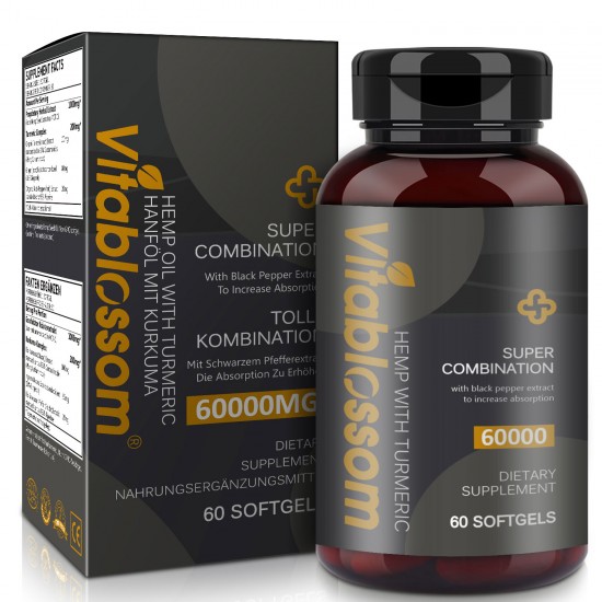 Vitablossom 83% Hemp Oil 60000mg Turmeric 60 Hemp oil Softgels, New Arrival promotion Vitablossom 83% Hemp Oil 60000mg Turmeric 60 Hemp oil Softgels, New Arrival promotion