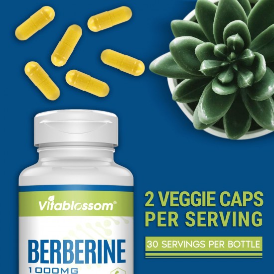 Vitablossom Premium Berberina 1000mg HCL Complejo Suplemento con silimarina para una mejor absorción, Promoción de nueva llegada