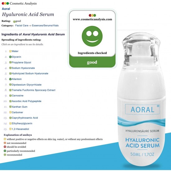 Aoral Suero Facial de Ácido Hialurónico, Hidratante Hialurónico Molecular de 6 Complejos, Antienvejecimiento, Antiarrugas