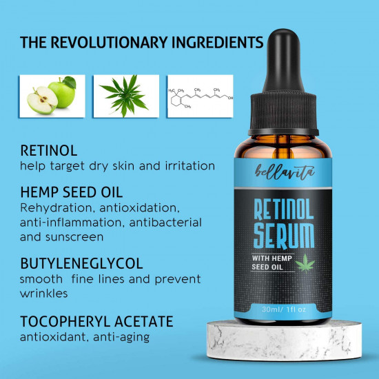 Bellavita Hemp Retinol Serum with Hemp Seed Oil, Anti Aging, Anti-inflammatory Bellavita Hemp Retinol Serum with Hemp Seed Oil, Anti Aging, Anti-inflammatory