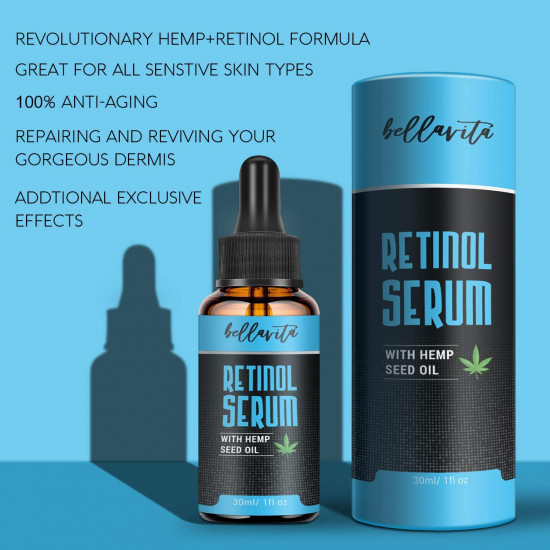 Bellavita Hemp Retinol Serum con aceite de semilla de cáñamo, antienvejecimiento, antiinflamatorio