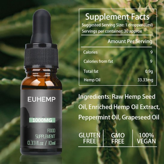EUHEMP Hemp Oil Drops 1000MG, Made with Hemp Grown in Nature, 10 ML EUHEMP Hemp Oil Drops 1000MG, Made with Hemp Grown in Nature, 10 ML