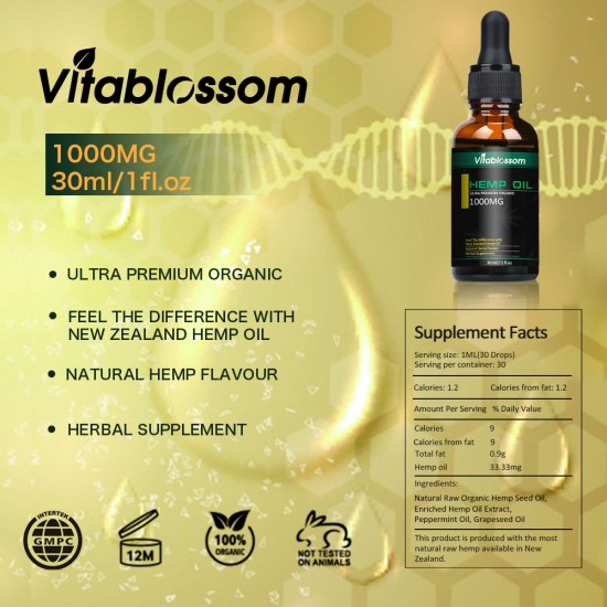 Vitablossom Hemp Oil Drops, Broad Spectrum Extract Hemp Oil 1000mg