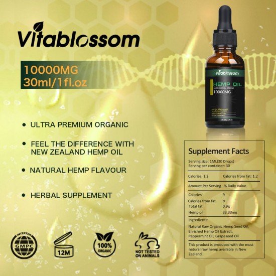 Vitablossom 33% Gotas de Aceite de Cáñamo, 10000mg 30ml, Excelente para la Ansiedad Alivio del Dolor Apoyo al Sueño, EXP: Jun. 2023