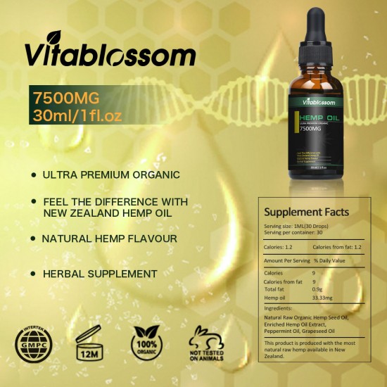 Vitablossom Hemp Oil Drops, Broad Spectrum Extract Hemp Oil, Great for Anxiety Pain (7500mg) Vitablossom Hemp Oil Drops, Broad Spectrum Extract Hemp Oil, Great for Anxiety Pain (7500mg)