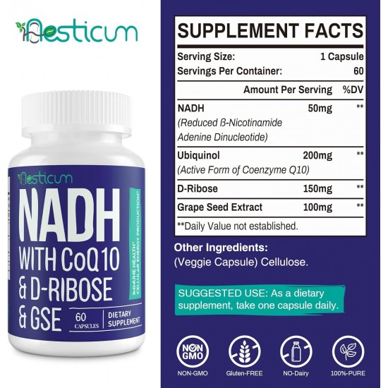 Aesticum NADH 50mg + CoQ10 200mg + D-Ribose 150mg Supplement, 60 Veggie Capsules