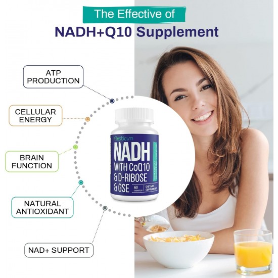 Aesticum NADH 50mg + CoQ10 200mg + D-Ribose 150mg supplément, 60 Capsules Végétales