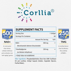 Corllia Liposomal NAD+ 500mg con TMG 250mg 60 Cápsulas blandas Corllia Liposomal NAD+ 500mg con TMG 250mg 60 Cápsulas blandas