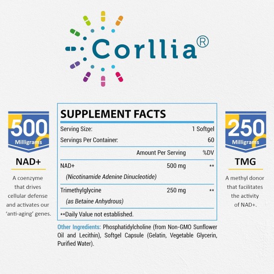 Corllia Liposomal NAD+ 500mg con TMG 250mg 60 Cápsulas blandas