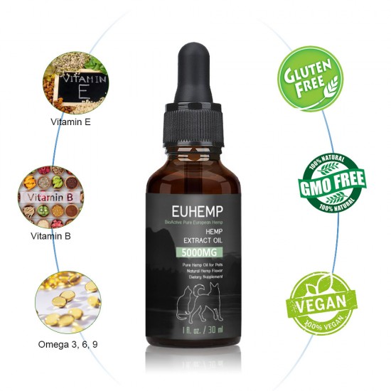 EUHEMP Aceite para aliviar la ansiedad en perros y gatos - 5000mg - Apoya la salud de la cadera y las articulaciones