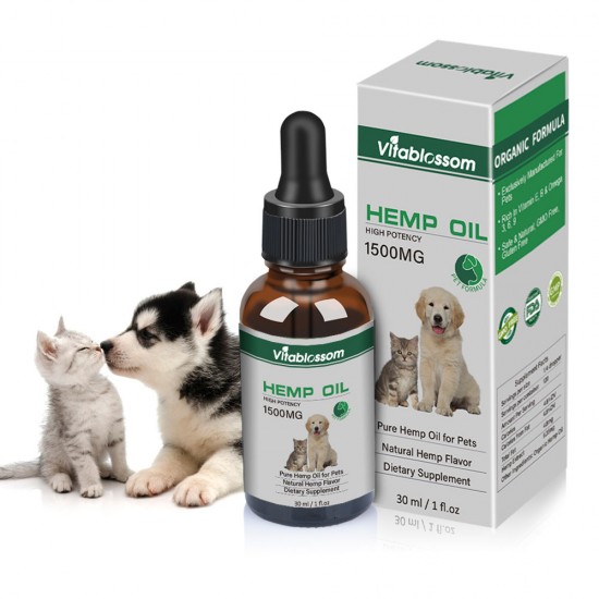 Aceite de cáñamo de amplio espectro para mascotas, aceite de cáñamo para gatos Vitablossom, ideal para aliviar el dolor - 1500mg