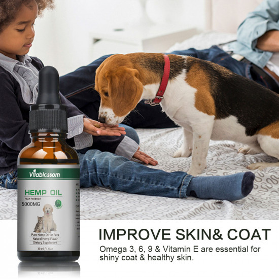 Aceite de cáñamo de amplio espectro para mascotas, aceite de cáñamo para gatos Vitablossom, ideal para aliviar el dolor - 5000mg