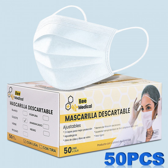 BEE Masques jetables Con Liga 3 plis, parfaits pour la protection contre les virus COVID-19 et la santé personnelle (50 pièces)