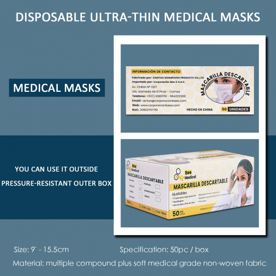 BEE Masques jetables Con Liga 3 plis, parfaits pour la protection contre les virus COVID-19 et la santé personnelle (50 pièces)