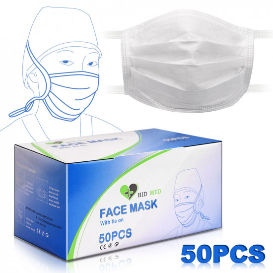 HID MED Disposable Face Masks 3 Ply, Great for Virus COVID-19 Protection and Personal Health (50 pcs)