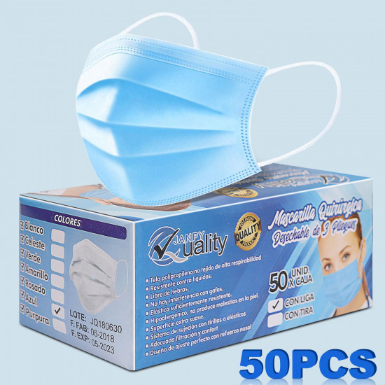 JANPY Masques jetables Con Liga 3 plis, parfaits pour la protection contre les virus COVID-19 et la santé personnelle (50 pièces)