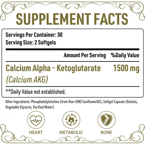 AJAXERRUE Suplemento Liposomal de Calcio AKG(Ácido Alfa-Ketoglutárico) 1500 MG, 60 cápsulas blandas