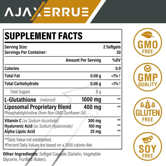 AJAXERRUE 1400mg Liposomale Glutathion Ergänzung mit Vitamin C, Hyaluronsäure, 60 Weichkapseln