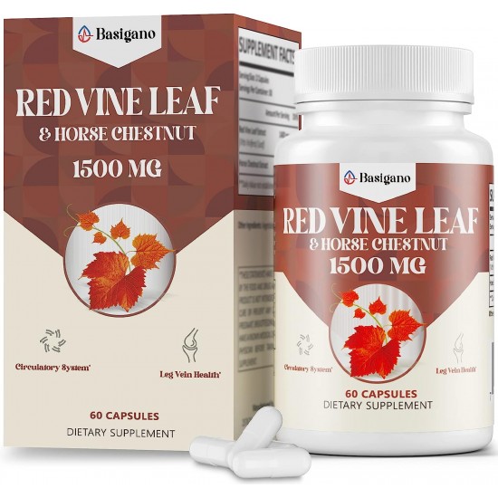 Basigano Red Vine Leaf & Horse Chestnut Extract Capsule Supplements (Vitis Vinifera) 1500mg 60 Capsules