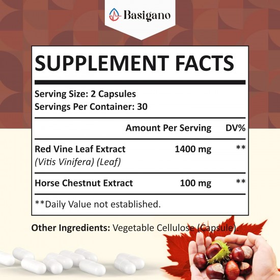 Basigano Hoja de Vid Roja y Extracto de Castaño de Indias Suplementos en Cápsulas (Vitis Vinifera) 1500mg 60 Cápsulas