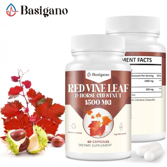 Basigano Red Vine Leaf & Horse Chestnut Extract Capsule Supplements (Vitis Vinifera) 1500mg 60 Capsules