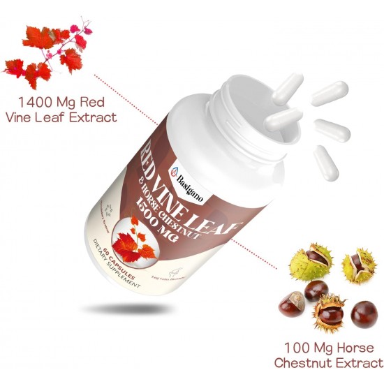 Basigano Red Vine Leaf & Horse Chestnut Extract Capsule Supplements (Vitis Vinifera) 1500mg 60 Capsules
