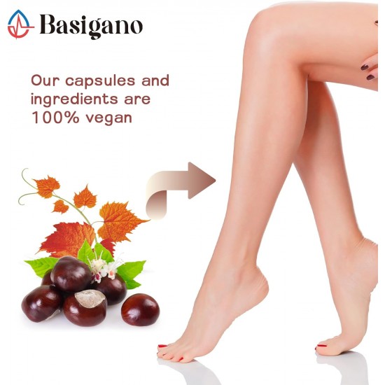 Basigano Red Vine Leaf & Horse Chestnut Extract Capsule Supplements (Vitis Vinifera) 1500mg 60 Capsules