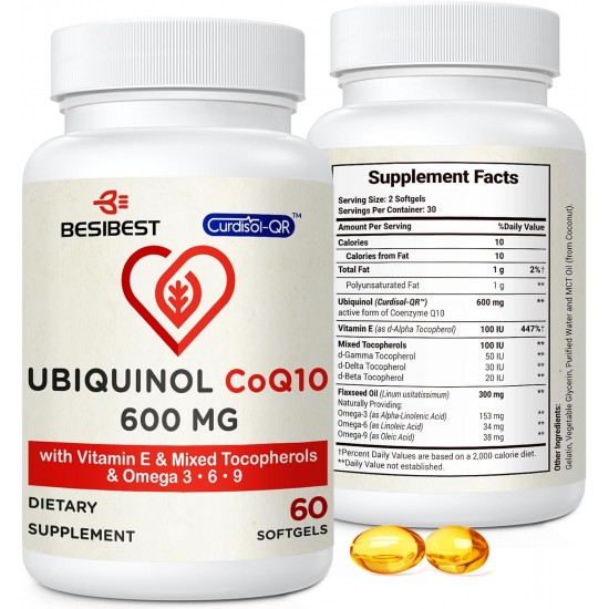 Besibest Ubiquinol CoQ10 600mg mit Vitamin E & Omega 3, 6, 9 (60 Weichkapseln)