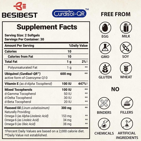 Besibest Ubiquinol CoQ10 600mg avec Vitamine E et Oméga 3, 6, 9 (60 Softgels)