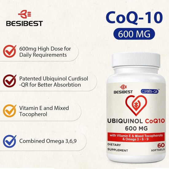 Besibest Ubiquinol CoQ10 600mg con Vitamina E y Omega 3, 6, 9 (60 cápsulas blandas)